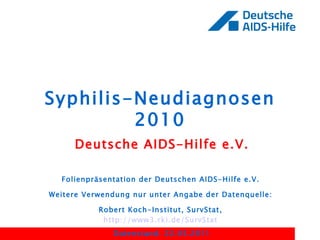 Syphilis-Neudiagnosen 2010 Deutsche AIDS-Hilfe e.V. Folienpräsentation der Deutschen AIDS-Hilfe e.V.  Weitere Verwendung nur unter Angabe der Datenquelle:  Robert Koch-Institut, SurvStat,  http://www3.rki.de/SurvStat   Datenstand: 22.03.2011 