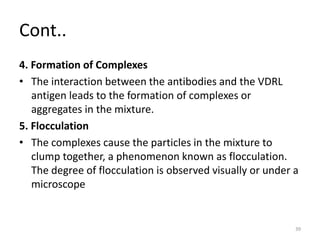 Cont..
4. Formation of Complexes
• The interaction between the antibodies and the VDRL
antigen leads to the formation of complexes or
aggregates in the mixture.
5. Flocculation
• The complexes cause the particles in the mixture to
clump together, a phenomenon known as flocculation.
The degree of flocculation is observed visually or under a
microscope
39
 