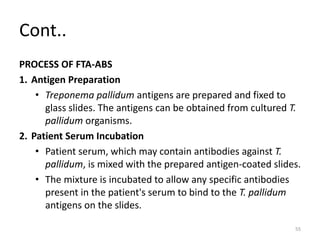 Cont..
PROCESS OF FTA-ABS
1. Antigen Preparation
• Treponema pallidum antigens are prepared and fixed to
glass slides. The antigens can be obtained from cultured T.
pallidum organisms.
2. Patient Serum Incubation
• Patient serum, which may contain antibodies against T.
pallidum, is mixed with the prepared antigen-coated slides.
• The mixture is incubated to allow any specific antibodies
present in the patient's serum to bind to the T. pallidum
antigens on the slides.
55
 