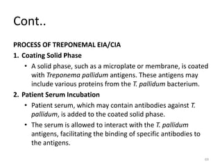 Cont..
PROCESS OF TREPONEMAL EIA/CIA
1. Coating Solid Phase
• A solid phase, such as a microplate or membrane, is coated
with Treponema pallidum antigens. These antigens may
include various proteins from the T. pallidum bacterium.
2. Patient Serum Incubation
• Patient serum, which may contain antibodies against T.
pallidum, is added to the coated solid phase.
• The serum is allowed to interact with the T. pallidum
antigens, facilitating the binding of specific antibodies to
the antigens.
69
 