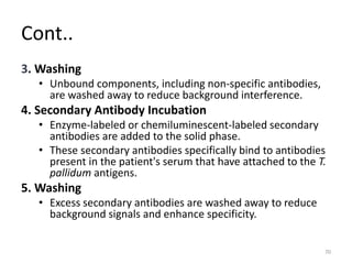 Cont..
3. Washing
• Unbound components, including non-specific antibodies,
are washed away to reduce background interference.
4. Secondary Antibody Incubation
• Enzyme-labeled or chemiluminescent-labeled secondary
antibodies are added to the solid phase.
• These secondary antibodies specifically bind to antibodies
present in the patient's serum that have attached to the T.
pallidum antigens.
5. Washing
• Excess secondary antibodies are washed away to reduce
background signals and enhance specificity.
70
 