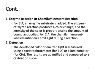 Cont..
6. Enzyme Reaction or Chemiluminescent Reaction
• For EIA, an enzyme substrate is added. The enzyme-
catalyzed reaction produces a color change, and the
intensity of the color is proportional to the amount of
bound antibodies. For CIA, the chemiluminescent-
labeled antibodies emit light during a reaction.
7. Detection
• The developed color or emitted light is measured
using a spectrophotometer (for EIA) or a luminometer
(for CIA). The results are quantified and compared to a
calibration curve.
71
 