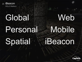 20
Why It Matters
iBeacon
Global Web
Personal Mobile
Spatial iBeacon
 