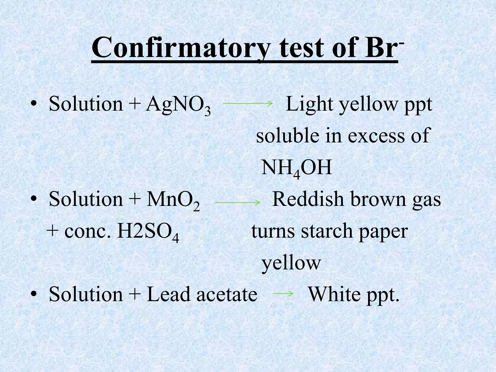 Confirmatory test of Br-
• Solution + AgNO3 Light yellow ppt
soluble in excess of
NH4OH
• Solution + MnO2 Reddish brown gas
+ conc. H2SO4 turns starch paper
yellow
• Solution + Lead acetate White ppt.
 