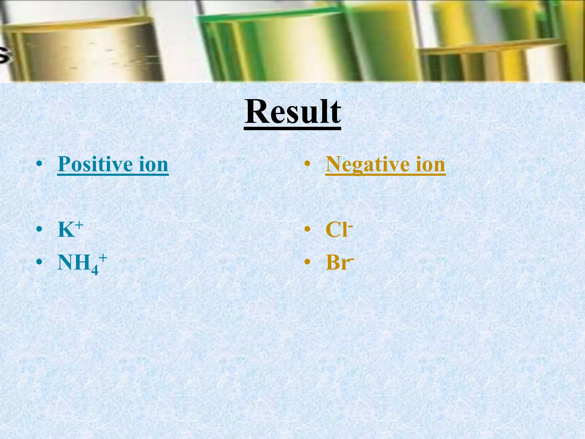 Result
• Positive ion
• K+
• NH4
+
• Negative ion
• Cl-
• Br-
 