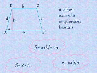 A B
CD
x
a
b
h cd
S= a+b/2 ∙ h
x= a+b/2S= x ∙ h
a , b-bazat
c, d-krahët
m-vija emesme
h-lartësia
 