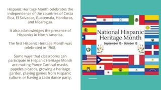 Hispanic Heritage Month celebrates the
independence of the countries of Costa
Rica, El Salvador, Guatemala, Honduras,
and Nicaragua.
It also acknowledges the presence of
Hispanics in North America.
The first Hispanic Heritage Month was
celebrated in 1968.
Some ways that classrooms can
participate in Hispanic Heritage Month
are making Ponce Carnival masks,
papeles picados, growing a heritage
garden, playing games from Hispanic
culture, or having a Latin dance party.
 