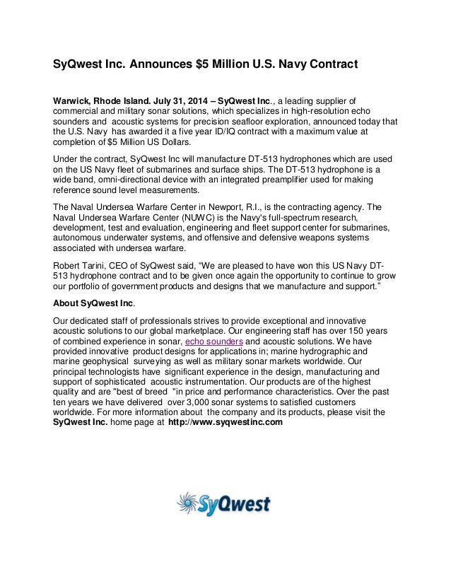 Syqwest announces 5 million u.s. navy contract