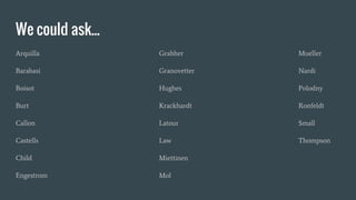 We could ask...
Arquilla
Barabasi
Boisot
Burt
Callon
Castells
Child
Engestrom
Grabher
Granovetter
Hughes
Krackhardt
Latour
Law
Miettinen
Mol
Mueller
Nardi
Polodny
Ronfeldt
Small
Thompson
 