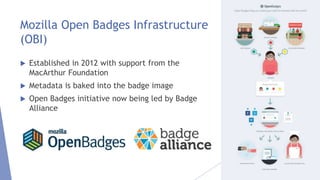 Mozilla Open Badges Infrastructure
(OBI)
 Established in 2012 with support from the
MacArthur Foundation
 Metadata is baked into the badge image
 Open Badges initiative now being led by Badge
Alliance
 