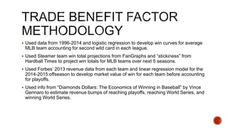  Used data from 1996-2014 and logistic regression to develop win curves for average
MLB team accounting for second wild card in each league.
 Used Steamer team win total projections from FanGraphs and “stickiness” from
Hardball Times to project win totals for MLB teams over next 5 seasons.
 Used Forbes’ 2013 revenue data from each team and linear regression model for the
2014-2015 offseason to develop market value of win for each team before accounting
for playoffs.
 Used info from “Diamonds Dollars: The Economics of Winning in Baseball” by Vince
Gennaro to estimate revenue bumps of reaching playoffs, reaching World Series, and
winning World Series.
 