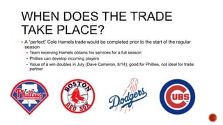  A “perfect” Cole Hamels trade would be completed prior to the start of the regular
season
 Team receiving Hamels obtains his services for a full season
 Phillies can develop incoming players
 Value of a win doubles in July (Dave Cameron, 8/14); good for Phillies, not ideal for trade
partner
 