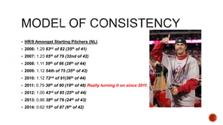  HR/9 Amongst Starting Pitchers (NL)
 2006: 1.29 63rd of 82 (35th of 41)
 2007: 1.23 65th of 79 (32nd of 42)
 2008: 1.11 59th of 86 (28th of 44)
 2009: 1.12 54th of 75 (35th of 43)
 2010: 1.12 72nd of 91(36th of 44)
 2011: 0.79 30th of 90 (19th of 48) Really turning it on since 2011.
 2012: 1.00 43rd of 85 (25th of 44)
 2013: 0.86 38th of 79 (24th of 43)
 2014: 0.62 15th of 87 (6th of 42)
 