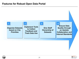 21
Features for Robust Open Data Portal
1
Organize Datasets
based on City
Priorities
Implement Tools
to Collect
Feedback and
Track Data Use
Give Staff
Ownership of
Datasets
Ensure Data
Quality through
an Upstate
Collaboration and
Internal Standards
2 3 41
 