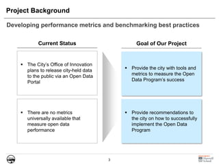 3
Project Background
Developing performance metrics and benchmarking best practices
Current Status Goal of Our Project
 Provide the city with tools and
metrics to measure the Open
Data Program’s success
 Provide recommendations to
the city on how to successfully
implement the Open Data
Program
 There are no metrics
universally available that
measure open data
performance
 The City’s Office of Innovation
plans to release city-held data
to the public via an Open Data
Portal
 