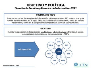 OBJETIVO Y POLÍTICA
                 Dirección de Servicios y Recursos de Información - SYRI

                                       POLÍTICA DE TIC’S
      Icesi reconoce las Tecnologías de Información y Comunicación – TIC – como una gran
      fuerza transformadora en el siglo XXI y las considera fundamentales, tanto en su que
            hacer diario, como en el conjunto de competencias clave de sus egresados.


                                           OBJETIVO
      Facilitar la operación de los procesos académicos y administrativos a través del uso de
                        tecnologías de información y comunicaciones – TIC’s.




                       Oficinas SYRI




Universidad Icesi - SYRI
 