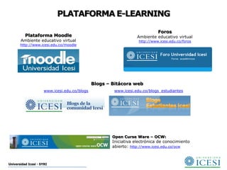 PLATAFORMA E-LEARNING

                                                                              Foros
          Plataforma Moodle                                        Ambiente educativo virtual
       Ambiente educativo virtual                                   http://www.icesi.edu.co/foros
       http://www.icesi.edu.co/moodle




                                               Blogs – Bitácora web
                      www.icesi.edu.co/blogs            www.icesi.edu.co/blogs_estudiantes




                                                       Open Curse Ware – OCW:
                                                       Iniciativa electrónica de conocimiento
                                                       abierto: http://www.icesi.edu.co/ocw



Universidad Icesi - SYRI
 