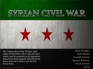 César Corrales
Carlo Rivera
Gerardo Pizarro
Ignacio Pedreros
Kevin Lozano
202°G
The "independence flag" of Syria, used
before the Ba'athist coup in 1963, has been
widely used by protesters as an opposition
flag and has been adopted officially by the
Syrian National Coalition and the Free
Syrian Army.
 