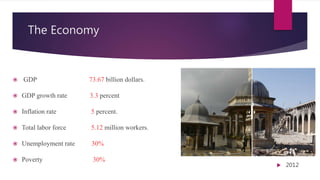 The Economy
 GDP 73.67 billion dollars.
 GDP growth rate 3.3 percent
 Inflation rate 5 percent.
 Total labor force 5.12 million workers.
 Unemployment rate 30%
 Poverty 30%
 2012
 