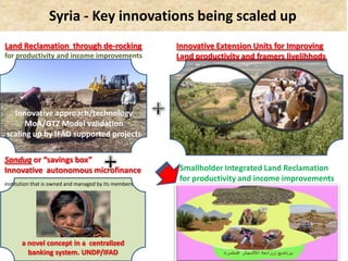 Syria - Key innovations being scaled up
Land Reclamation through de-rocking                    Innovative Extension Units for Improving
for productivity and income improvements               Land productivity and framers livelihhods




  Innovative approach/technology
      MoA/GTZ Model validation
scaling up by IFAD supported projects

Sanduq or “savings box”
Innovative autonomous microfinance                     Smallholder Integrated Land Reclamation
                                                       for productivity and income improvements
institution that is owned and managed by its members
                          –




       a novel concept in a centralized
         banking system. UNDP/IFAD
 
