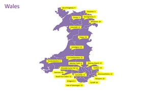 Bridgend: 6
Caerphilly: 12
Cardiff: 26
Carmarthenshire: 33
Ceredigion: 23
Conwy: 3 Denbighshire: 5
Flintshire: 5
Gwynedd: 12
Isle of Anglesey: 4
Merthyr Tydfil: 8
Monmouthshire: 15
Neath Port Talbot: 52
Newport: 10
Pembrokeshire: 0
Powys: 44
Rhondda Cynon Taf: 34
Swansea: 45
Vale of Glamorgan: 15
Blaenau Gwent: 15
Torfaen: 15
Wrexham: 20
Wales
 