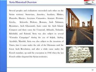 Syria Historical Overview


Several peoples and civilizations succeeded each other on the
Syrian territory: Sumerians, Amo...