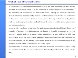 Privatization and Investment Climate

 In this context, a wide range of legislations and decisions was issued during the l...