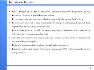 Incentives for Investors


• Syria’s Membership in MIGA, Inter-Arab Investment Guarantee Corporation, Islamic
   Investmen...