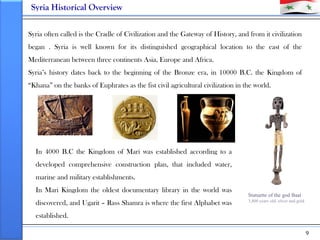 Syria Historical Overview

Syria often called is the Cradle of Civilization and the Gateway of History, and from it civili...