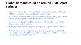 Global demand could be around 1,000 crore
syringes
• Even if 60 per cent of the world’s population is immunised, it would mean 800 crore-
1,000 crore syringes of various types globally would be required
• The estimated demand in India would be around 90 crore syringes for just one shot of
vaccine, considering 70 per cent of the country is being vaccinated.
• The number would amplify to 180 crore or even to 270 crore, if the vaccine India
chooses needs two to three shots
• Becton, Dickinson and Company (BD) is the largest US supplier of injection devices.
• There is a dire need of stocking ancillary devices including syringes, vials critical for
immunization. India will need to have 2.6 billion syringes and a time frame of almost two and a
half years to vaccinate all India population
 