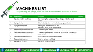 MACHINES LIST
For producing the syringe, there are a lot of machines that is needed as follow:
No. Description Function Remark
1 Injection molding Machines For injecting the syringe barrel and plunger and other inject
items
2 Syringe Molds Fit with the injection machine for the syringe production
3 Syringe barrel Printer Printing the graduation line on the
barrel and spray the oil into the barrel
4 Needle auto assembly machine To assembly the needle
5 Syringe auto assembly machine To assembly all the parts together so as to get the finish syringe
automatically
6 Syringe blister pack machine Pack the syringe in blister automatically
7 Polybag seal machine Seal the syringe in polybag
8 ETO Sterile machines Sterile the finished products
 