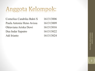 Cornelius Candrika Bakti S 161313006
Paula Antonia Heno Avissa 161313009
Oktaviana Ariska Dewi 161313016
Dea Indar Saputro 161313022
Adi Irianto 161313024
POLITEKNIKMEKATRONIKA
SANATADHARMA
2
 