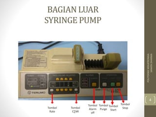 BAGIAN LUAR
SYRINGE PUMP
POLITEKNIKMEKATRONIKA
SANATADHARMA
4
Tombol
Rate
Tombol
C∑Ml
Tombol
Alarm
off
Tombol
Purge
Tombol
Start
Tombol
Stop
 