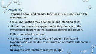 Autonomic
• Impaired bowel and bladder functions usually occur as a late
manifestation.
• Sexual dysfunction may develop in long-standing cases.
• Horner syndrome may appear, reflecting damage to the
sympathetic neurons in the intermediolateral cell column.
• Reflex diminshed or absent
• Painless ulcers of the hands are frequent. Edema and
hyperhidrosis can be due to interruption of central autonomic
pathways.
• Neurogenic arthropathies (charcot joint)
 