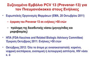 Συζευγμένο Εμβόλιο PCV 13 (Prevenar-13) για
       τον Πνευμονιόκοκκο στους Ενήλικες
• Ευρωπαϊκός Οργανισμός Φαρμάκων (ΕΜΑ, 28 Οκτωβρίου 2011)
   – έγκριση του Prevenar 13 σε ενήλικες >50 ετών
   – πρόληψη της διεισδυτικής νόσου (μηνιγγίτιδας και
     μικροβιαιμίας)
• ΗΠΑ (FDA-Vaccines and Related Biologic Advisory Committee)
  Έγκριση Οκτώβριος 2011: Ενήλικες >50 ετών
• Οκτώβριος 2012: Όλα τα άτομα με ανοσοκαταστολή: καρκίνο,
  νεφρική ανεπάρκεια, ανατομική ή λειτουργική ασπληνία, HIV νόσο
  κ. ά
 