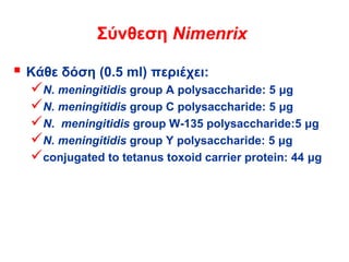 Σύνθεση Nimenrix

 Κάθε δόση (0.5 ml) περιέχει:
  N. meningitidis group A polysaccharide: 5 μg
  N. meningitidis group C polysaccharide: 5 μg
  N. meningitidis group W-135 polysaccharide:5 μg
  N. meningitidis group Y polysaccharide: 5 μg
  conjugated to tetanus toxoid carrier protein: 44 μg
 