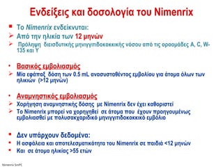 Eνδείξεις και δοσολογία του Nimenrix
    Το Nimenrix ενδείκνυται:
    Από την ηλικία των 12 μηνών
    Πρόληψη διεισδυτικής μηνιγγιτιδοκοκκικής νόσου από τις οροομάδες A, C, W-
     135 και Y

   • Βασικός εμβολιασμός
    Μία εφάπαξ δόση των 0.5 mL ανασυσταθέντος εμβολίου για άτομα όλων των
     ηλικιών (>12 μηνών)

   • Αναμνηστικός εμβολιασμός
    Χορήγηση αναμνηστικής δόσης με Nimenrix δεν έχει καθοριστεί
    Το Nimenrix μπορεί να χορηγηθεί σε άτομα που έχουν προηγουμένως
     εμβολιασθεί με πολυσακχαριδικό μηνιγγιτιδοκοκκικό εμβόλιο

    Δεν υπάρχουν δεδομένα:
    Η ασφάλεια και αποτελεσματικότητα του Nimenrix σε παιδιά <12 μηνών
    Και σε άτομα ηλικίας >55 ετών

Nimenrix SmPC
 