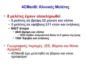 4CMenB: Κλινικές Μελέτες

• 8 μελέτες έχουν ολοκληρωθεί
  – 5 μελέτες σε βρέφη ≥2 μηνών και νήπια
  – 3 μελέτες σε εφήβους ≥11 ετών και ενήλικες
  – 6427 άτομα
     • 4843 βρέφη και νήπια
        – 1630 έλαβαν αναμνηστική δόση το 2ο χρόνο της ζωής
     • 1584 Έφηβοι και ενήλικες

• Γεωγραφικές περιοχές (ΕΕ, Βόρεια και Νότια
  Αμερική)
  – 4CMenB έχει μελετηθεί σε βόρειο και νότιο
    ημισφαίριο
 