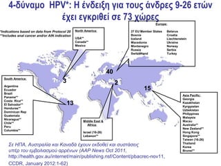 4-δύναμο HPV*: Η ένδειξη για τους άνδρες 9-26 ετών
                έχει εγκριθεί σε 73 χώρες
                                                                                              Europe:

*Indications based on data from Protocol 20     North America:                 27 EU Member States   Belarus
**Includes anal cancer and/or AIN indication                                   Bosnia                Croatia
                                                USA**                          Iceland               Liechtenstein
                                                Canada**                       Macedonia             Ukraine
                                                Mexico                         Montenegro            Norway
                                                                               Russia                Serbia
                                                                               Switzerland           Turkey




                                                                      40
  South America:
                                       3                                   2
  Argentina
  Ecuador                                                                             15
  Brazil
                                                                                                               Asia Pacific:
  Panama**
                                                                                                               Georgia
  Costa Rica**
  El Salvador**                            13                                                                  Kazakhstan
                                                                                                               Kyrgyzstan
  Honduras**
                                                                                                               Uzbekistan
  Dominican Rep
                                                                                                               Philippines
  Guatemala
                                                                                                               Malaysia
  Nicaragua**
                                                     Middle East &                                             Macau
  Chile**
                                                       Africa:                                                 Australia**
  Peru
                                                                                                               New Zealand**
  Columbia**
                                                     Israel (16-26)                                            Hong Kong
                                                     Lebanon**                                                 Singapore**
                                                                                                               Taiwan (16-26)
                                                                                                               Thailand
     Σε ΗΠΑ, Αυστραλία και Καναδά έχουν εκδοθεί και συστάσεις                                                  Korea
     υπέρ του εμβολιασμού αρρένων (AAP News Oct 2011,                                                          Brunei**

     http://health.gov.au/internet/main/publishing.nsf/Content/pbacrec-nov11,
     CCDR, January 2012:1-62)
 