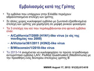 Εμβολιασμός κατά της Γρίπης
• Τα εμβόλια που υπάρχουν στην Ελλάδα περιέχουν
  αδρανοποιημένα στελέχη ιών γρίπης
• Σε άλλες χώρες κυκλοφορεί εμβόλιο με ζωντανά εξασθενημένα
  στελέχη ιών γρίπης για χορήγηση σε μορφή ρινικού ψεκασμού
• Τα 3 στελέχη του ιού που περιλαμβάνονται στο φετινό εμβόλιο
  είναι:
   – A/California/7/2009 (H1N1)-like virus (ο ιός της
     πανδημίας του 2009)
   – A/Victoria/361/2011 (H3N2)-like virus
   – B/Wisconsin/1/2010-like virus
• To 2013-14 αναμένεται να κυκλοφορήσει το πρώτο τετραδύναμο
  αντιγριππικό εμβόλιο LAIV, FluMist Quadrivalent (MedImmune) με
  την προσθήκη ενός δεύτερου στελέχους γρίπης Β


                             MMWR August 17, 2012 / 61(32);613-618
 