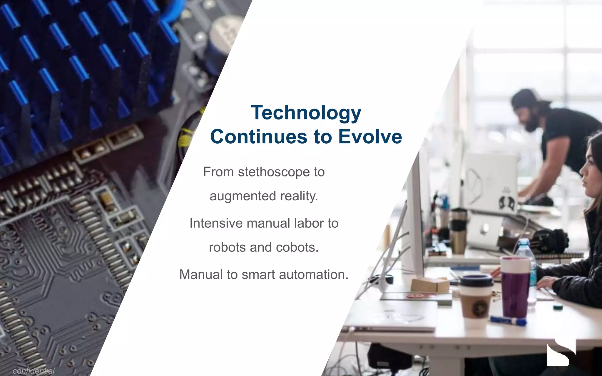 From stethoscope to
augmented reality.
Intensive manual labor to
robots and cobots.
Manual to smart automation.
Technology
Continues to Evolve
confidential
 