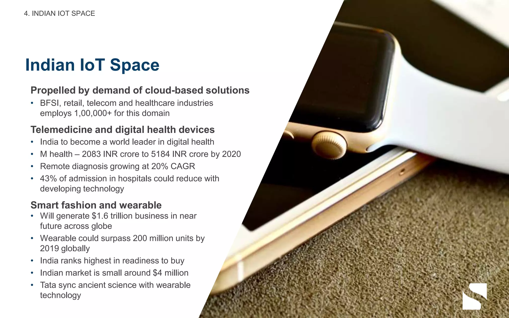 Indian IoT Space
• BFSI, retail, telecom and healthcare industries
employs 1,00,000+ for this domain
4. INDIAN IOT SPACE
• India to become a world leader in digital health
• M health – 2083 INR crore to 5184 INR crore by 2020
• Remote diagnosis growing at 20% CAGR
• 43% of admission in hospitals could reduce with
developing technology
• Will generate $1.6 trillion business in near
future across globe
• Wearable could surpass 200 million units by
2019 globally
• India ranks highest in readiness to buy
• Indian market is small around $4 million
• Tata sync ancient science with wearable
technology
Propelled by demand of cloud-based solutions
Telemedicine and digital health devices
Smart fashion and wearable
 