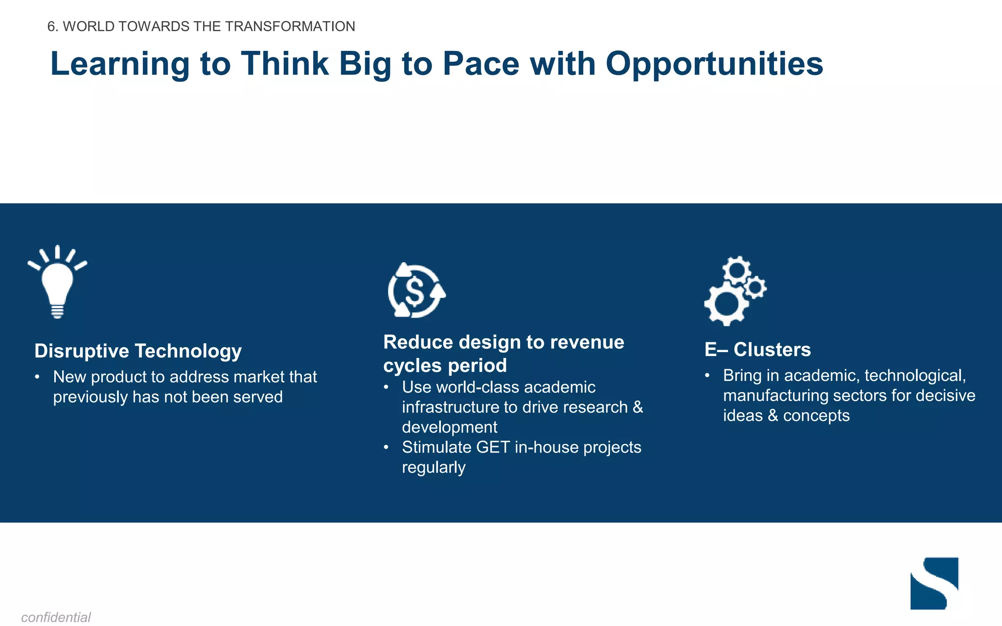 Learning to Think Big to Pace with Opportunities
6. WORLD TOWARDS THE TRANSFORMATION
confidential
Disruptive Technology
• New product to address market that
previously has not been served
Reduce design to revenue
cycles period
• Use world-class academic
infrastructure to drive research &
development
• Stimulate GET in-house projects
regularly
E– Clusters
• Bring in academic, technological,
manufacturing sectors for decisive
ideas & concepts
 