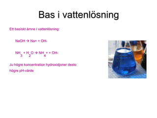 Bas i vattenlösning
Ett basiskt ämne i vattenlösning:
NaOH  Na+ + OH-
NH
3
+ H
2
O  NH
4
+ + OH-
Ju högre koncentration hydroxidjoner desto
högre pH-värde
 