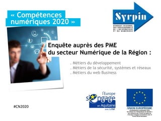 « Compétences
numériques 2020 »


          Enquête auprès des PME
          du secteur Numérique de la Région :
                 . Métiers du développement
                 . Métiers de la sécurité, systèmes et réseaux
                 . Métiers du web Business




#CN2020
 
