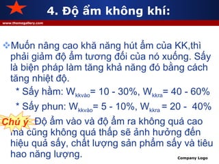 4. Độ ẩm không khí: Muốn nâng cao khă năng hút ẩm của KK,thì phải giảm độ ẩm tương đối của nó xuống. Sấy là biện pháp làm tăng khả năng đó bằng cách tăng nhiệt độ. * Sấy hầm: W kkvào = 10 - 30%, W kkra = 40 - 60% * Sấy phun: W kkvào = 5 - 10%, W kkra  = 20 -  40% Độ ẩm vào và độ ẩm ra không quá cao mà cũng không quá thấp sẽ ảnh hưởng đến hiệu quả sấy, chất lượng sản phẩm sấy và tiêu hao năng lượng. Chú ý 