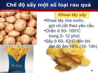 Chế độ sấy một số loại rau quả Khoai tây rửa nước, gọt vỏ,cắt theo yêu cầu Chần ở 93- 100 o C  trong 2- 12 phút Sấy ở 60- 63 o C đến khi đạt độ ẩm <8% (10- 14h) Khoai tây sấy 