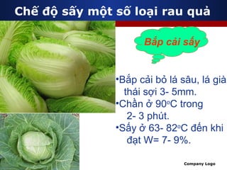 Chế độ sấy một số loại rau quả Bắp cải sấy Bắp cải bỏ lá sâu, lá già, thái sợi 3- 5mm. Chần ở 90 o C trong 2- 3 phút. Sấy ở 63- 82 o C đến khi đạt W= 7- 9%. 