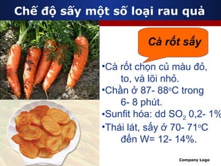 Chế độ sấy một số loại rau quả Cà rốt sấy Cà rốt chọn củ màu đỏ, to, và lõi nhỏ. Chần ở 87- 88 o C trong 6- 8 phút. Sunfit hóa: dd SO 2  0,2- 1% Thái lát, sấy ở 70- 71 o C  đến W= 12- 14%. 