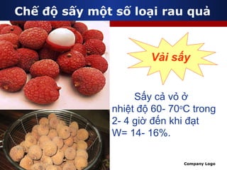 Chế độ sấy một số loại rau quả Vải sấy Sấy cả vỏ ở  nhiệt độ 60- 70 o C trong 2- 4 giờ đến khi đạt  W= 14- 16%. 
